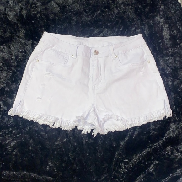 Mid Rise White Denim Distressed Shorts - Picture 1 of 7